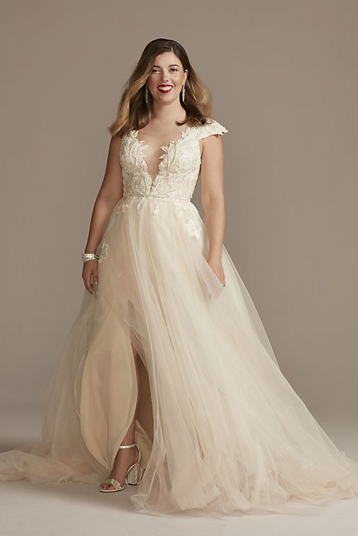 Galina Signature Illusion Plunge Lace Appliqued Wedding Dress