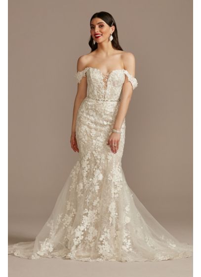 Embellished Lace Swag Sleeve Wedding Dress - Intricately designed with beaded lace appliques, this mermaid