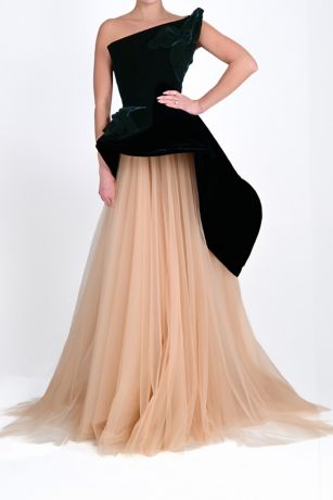 Picture of Strapless Sculpted Velvet and Tulle A-Line Gown