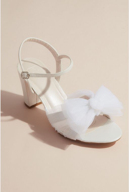 White Wedding Shoes With Low Block Heel and Bow Ankle Straps