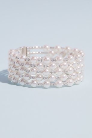 Multi Strand Crystal and Pearl Stack Cuff Bracelet | David's Bridal