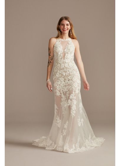 Illusion Keyhole Applique Bodysuit Wedding Dress - Feminine and romantic, this wedding dress is adorned