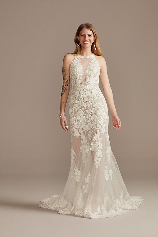Galina Signature Illusion Sequin Floral Applique Wedding Dress