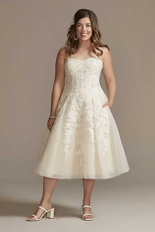 David's Bridal Collection Sheer Lace and Tulle Tea-Length Wedding Dress