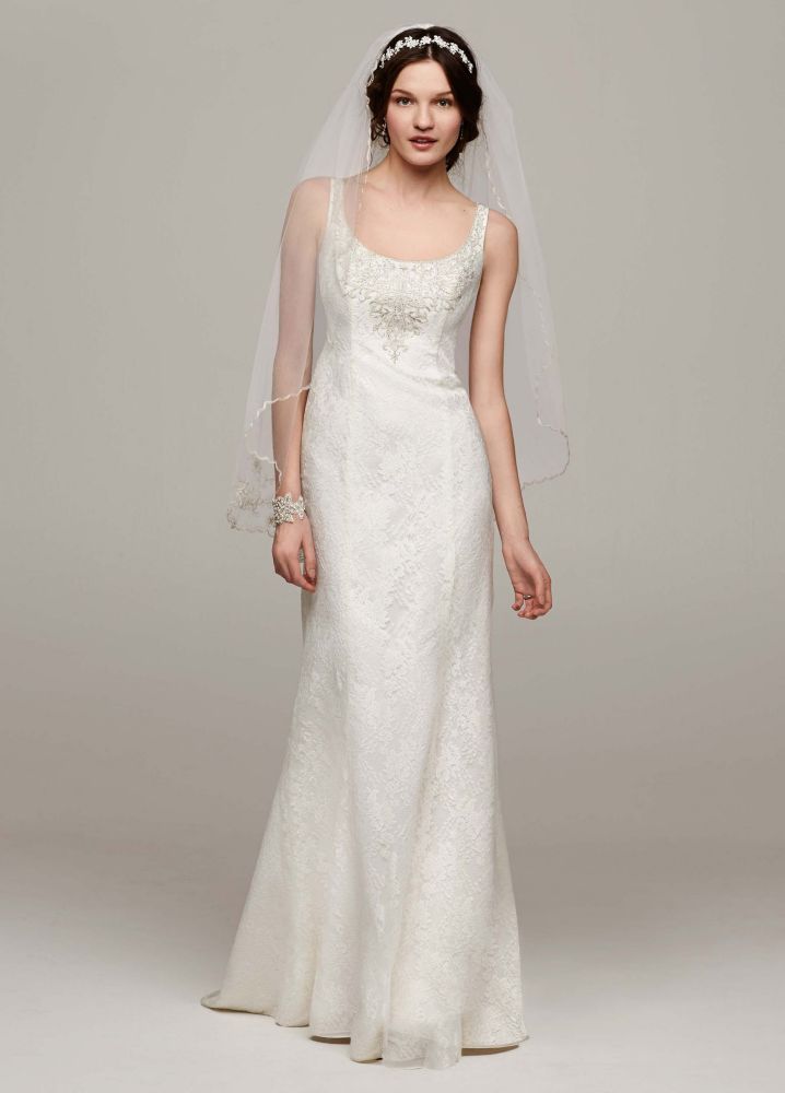 David's Bridal All Over Lace Tank Wedding Dress with Illusion Back ...