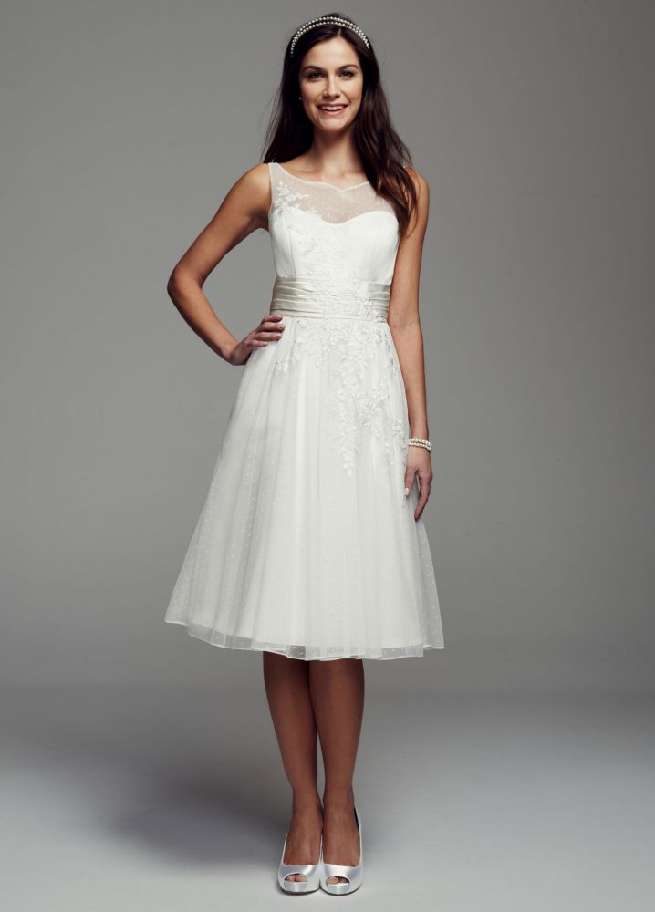 David's Bridal Sleeveless Dot Tulle Illusion Neckline Short Wedding Dress