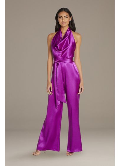 Cowl Neck Satin Halter Jumpsuit with Open Back - Make your dramatic entrance (and exit!) in this