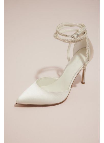 Pearl and Crystal Ankle-Wrap Satin Pumps - Classic with a cool twist, these pointed satin