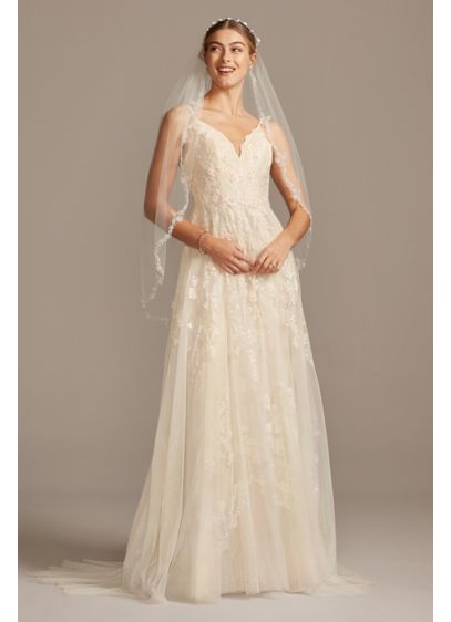 Scalloped A Line  Wedding  Dress  with Double Straps David  Scalloped A Line  Wedding  Dress  with Double Straps David