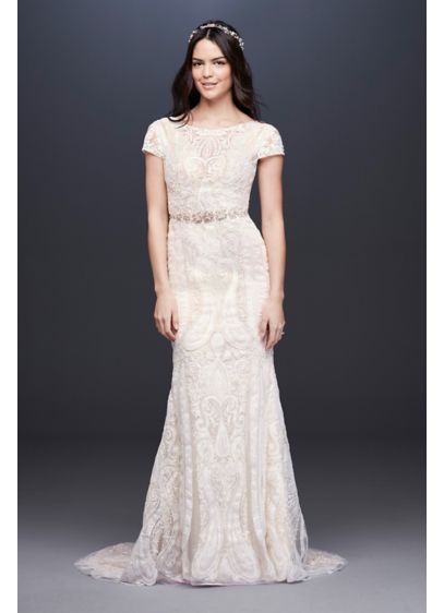 Laser-Cut Lace Illusion Cap Sleeve Wedding Dress - With a stained glass-inspired motif, this slim sheath