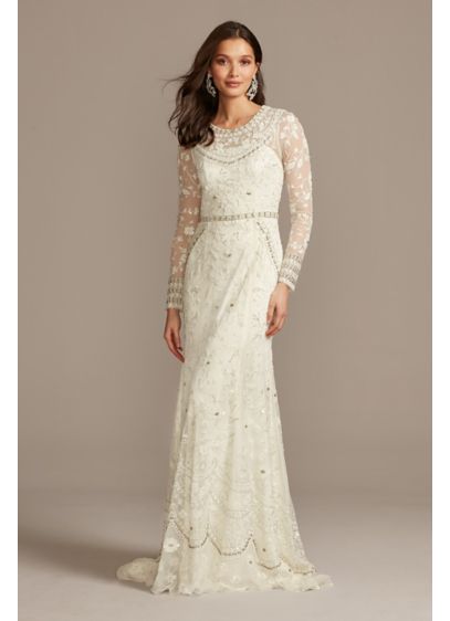 Illusion Long Sleeve Beaded Overlay Wedding Dress - This sheath wedding dress is abloom with beaded