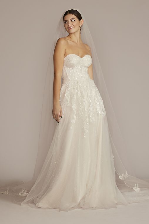 Melissa Sweet Strapless Beaded Glitter Tulle Wedding Gown