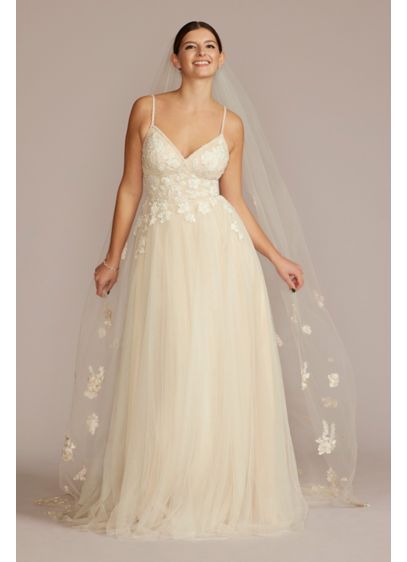 Beaded Lace Applique Tulle A-Line Wedding Gown - You'll radiate romance with the floral lace appliqued