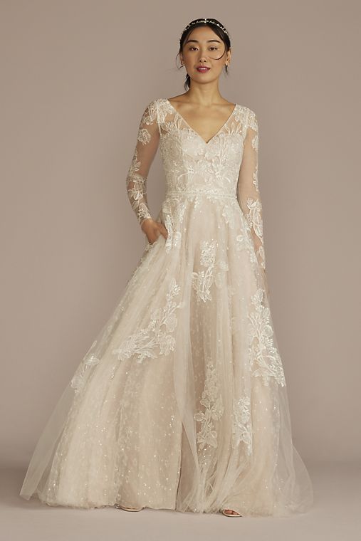 Melissa Sweet Long Sleeve Pleated Lace Applique Wedding Dress