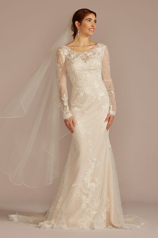 Melissa Sweet Allover Lace Long Sleeve Sheath Wedding Dress