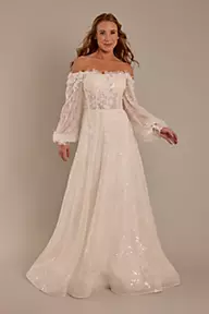 Melissa Sweet Billowy Long Sleeve Off-the-Shoulder Wedding Dress