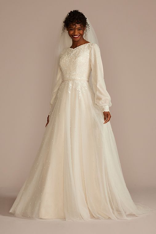 Oleg Cassini Long Sleeve Pearl Tulle Modest Wedding Dress