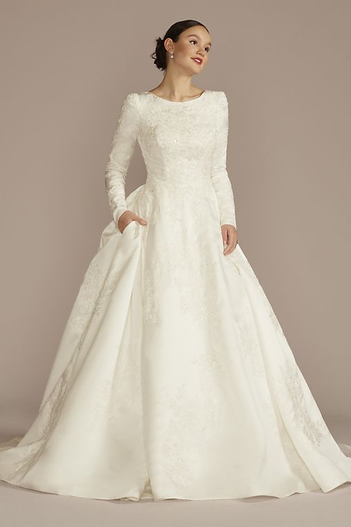 Oleg Cassini Long Sleeve Beaded Lace Modest Wedding Dress