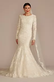 Modest Long Sleeve Lace A-Line Wedding Dress with High Neckline
