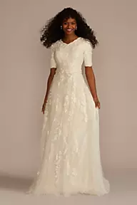 Melissa Sweet Beaded Lace Elbow Sleeve Modest Wedding Dress