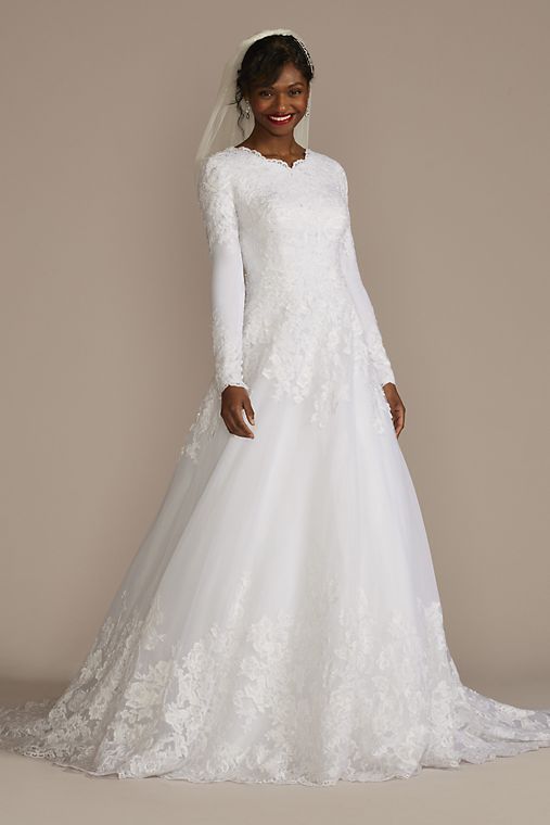 David's Bridal High Neck Lace Applique Modest Wedding Dress