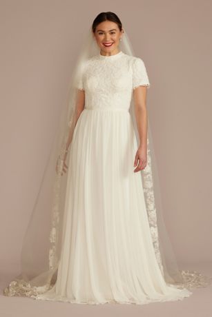 DB Studio High Neck Short Sleeve Lace Modest Wedding Dress in Ivory Size: 0 David's Bridal