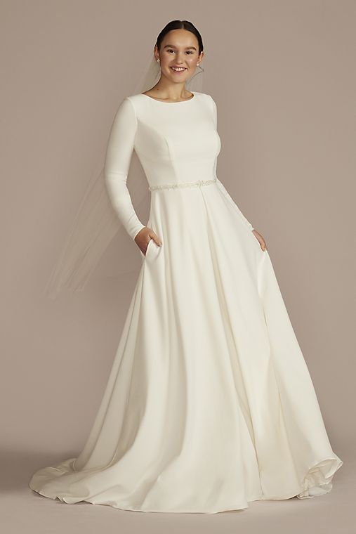 DB Studio Belted Long Sleeve Crepe Modest Wedding Dress