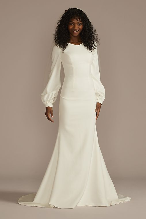 DB Studio Crepe Billow Sleeve Modest Mermaid Wedding Dress