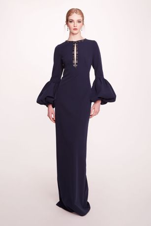 Picture of Puff Sleeve Crepe Gown with Neckline Beading