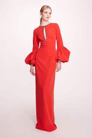 Picture of Puff Sleeve Crepe Gown with Neckline Beading