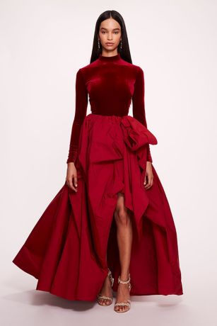Picture of Stretch Velvet and Taffeta Long-Sleeve Gown
