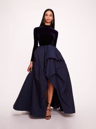 Picture of Stretch Velvet and Taffeta Long-Sleeve Gown