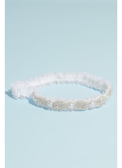 Pearl and Crystal Scalloped Garter with Tulle Trim - This elegant garter is trimmed in statement tulle,