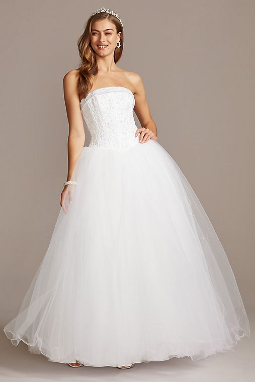 David's Bridal Collection Tulle Wedding Dress with Beaded Satin Bodice