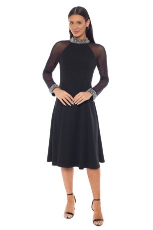 Picture of Scuba Crepe Beaded Neck and Cuff Midi Dress