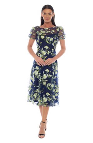 Picture of Puff Sleeve Multi Tone Embroidery Midi Dress