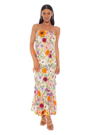 Picture of Strapless Multi 3D Embroidery on Mesh Midi Dress