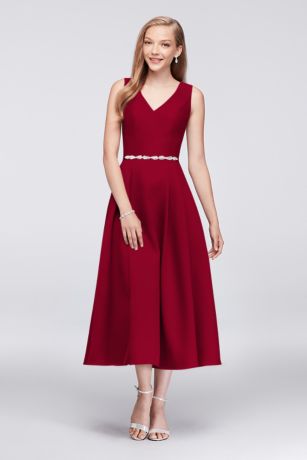 V-Neck Mikado Tea-Length Bridesmaid Dress | David's Bridal