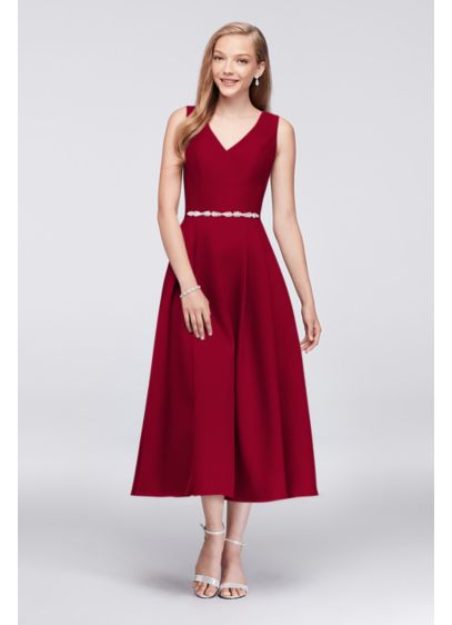 V Neck Mikado Tea Length Bridesmaid Dress David S Bridal