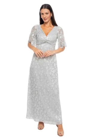 Picture of Pleated Silver Foil Knot Front Elbow Sleeve Gown