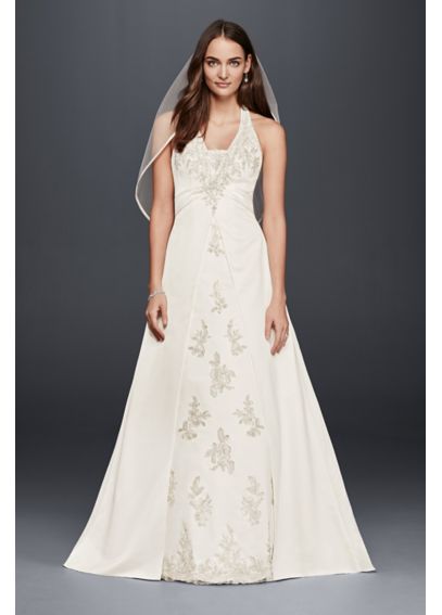 Halter A-Line Wedding Dress with Lace Appliques - Davids Bridal