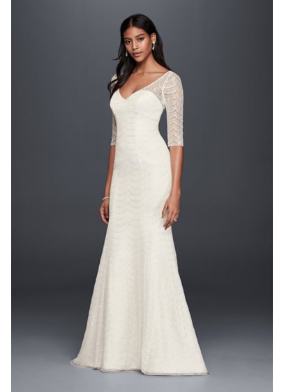 Scalloped Lace 3 4 Sleeve Mermaid Wedding  Dress  David s  Scalloped Lace 3 4 Sleeve Mermaid Wedding  Dress  David s