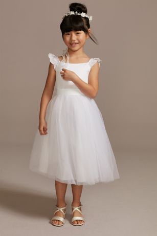 David's Bridal Crochet Cap Sleeve Ruffle Flower Girl Dress