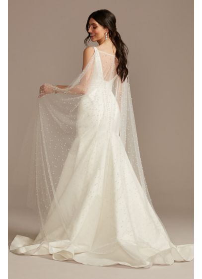 Allover Pearl Convertible Tulle Cape Train - Dotted with pretty pearls, this tulle showpiece can