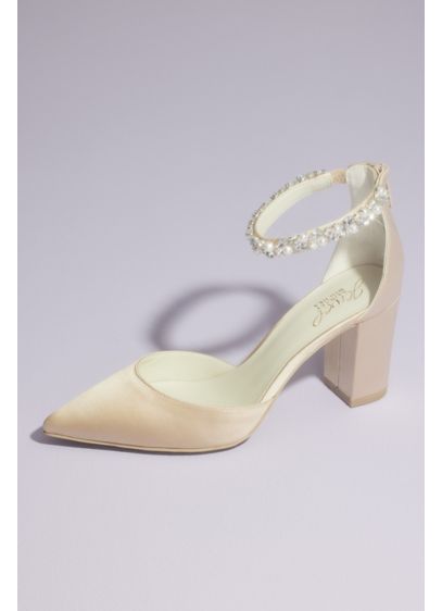 Pointed Toe Satin Block Heels with Crystal Strap - A classically elegant pair of wedding shoes, these