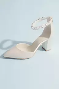 Jewel Badgley Mischka Pointed Toe Satin Block Heels with Crystal Strap