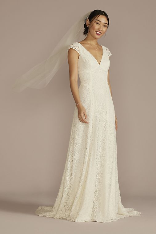 Reimagine DB Studio Recycled Lace Cap Sleeve V-Neck Wedding Dress