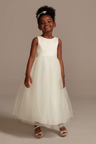 David's Bridal Satin Flower Girl Dress with Tulle Skirt