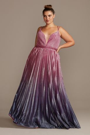 plunging pleated satin ball gown with bow