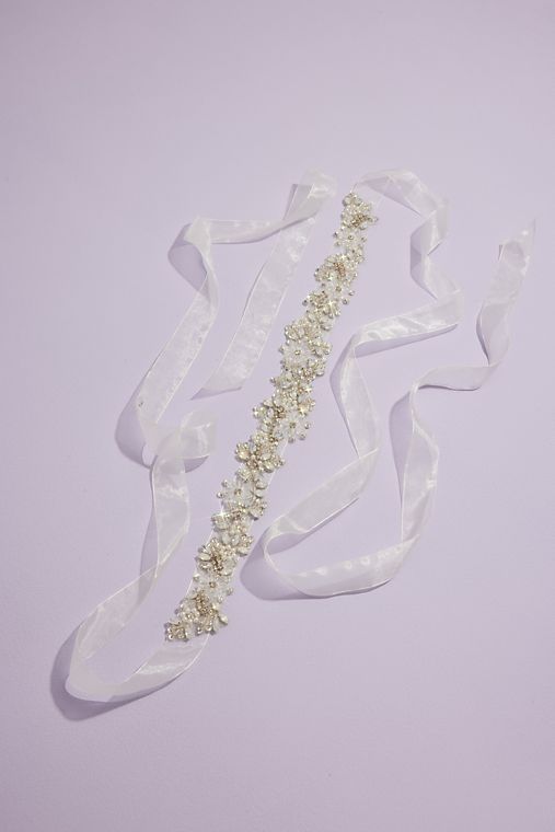 David's Bridal Handwired Crystal Floral and Opal Sash
